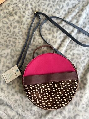 Round Pink and Brown Spotted Crossbody Bag with Top Handle